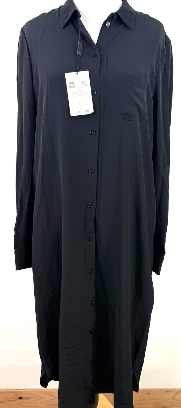 Burberry Uniform Black 100% Silk Button Up Long Sleeve Shirt Dress NWT Size 6